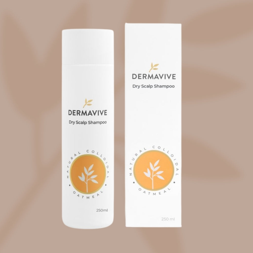 Dermavive dry scalp shampoo bottle and packaging on a beige background
