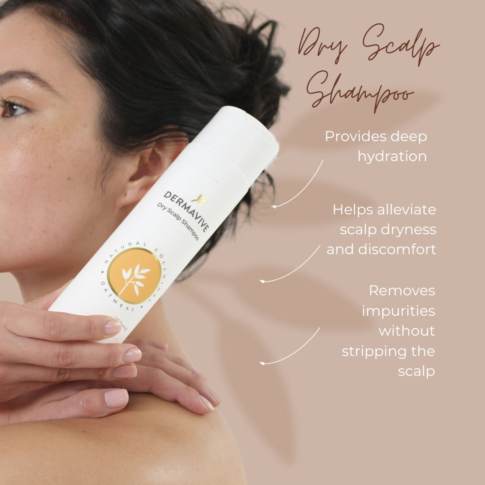 Woman holding a bottle of Dermavive Dry Scalp Shampoo with product features listed.