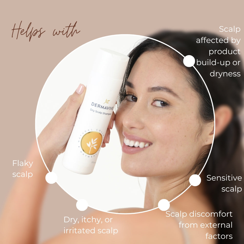 Woman holding a bottle of Dermavive Dry Scalp Shampoo with text on scalp issues.