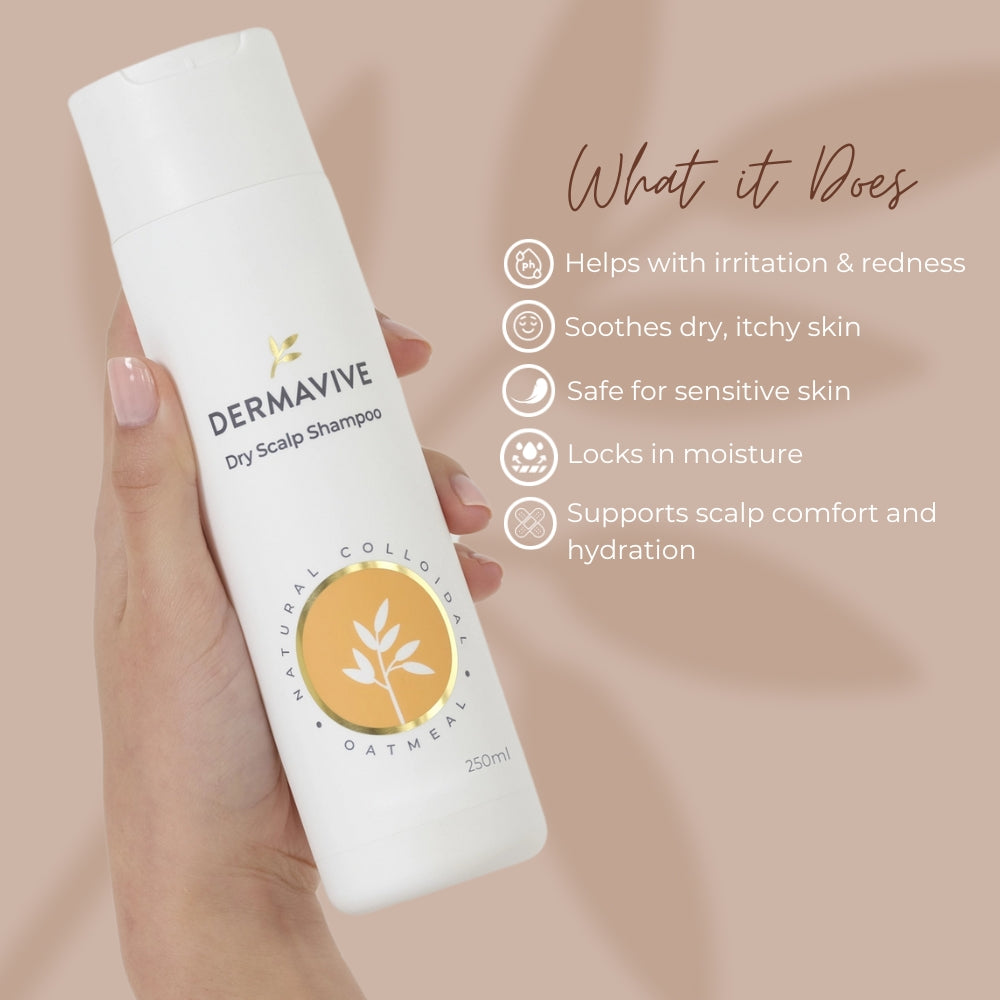 Dermavive dry scalp shampoo bottle held by a hand with product features listed on a beige background