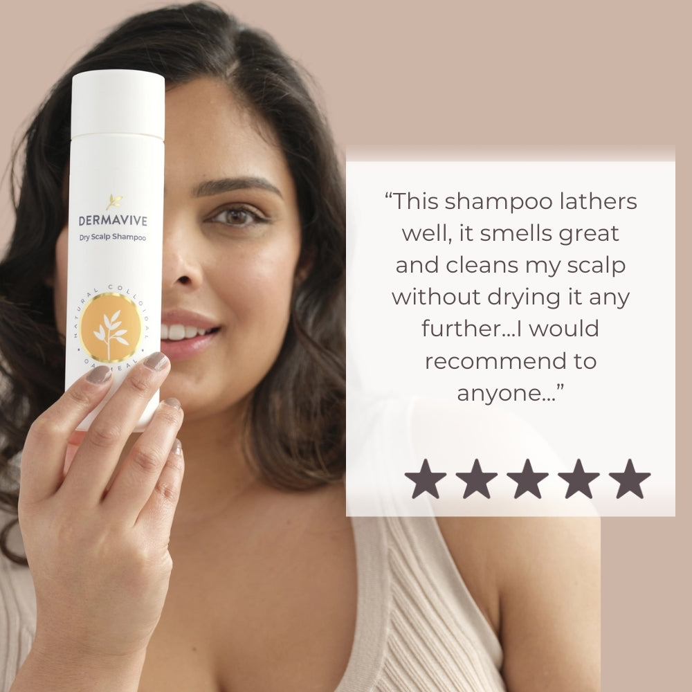 Woman holding a Dermavive shampoo bottle with a positive review text overlay.