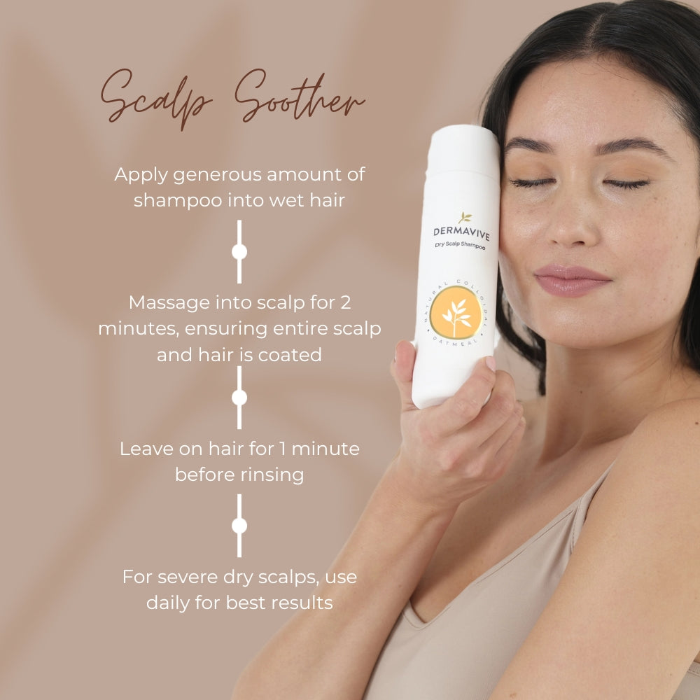 Woman holding a bottle of Dermavive scalp care product with usage instructions on a beige background