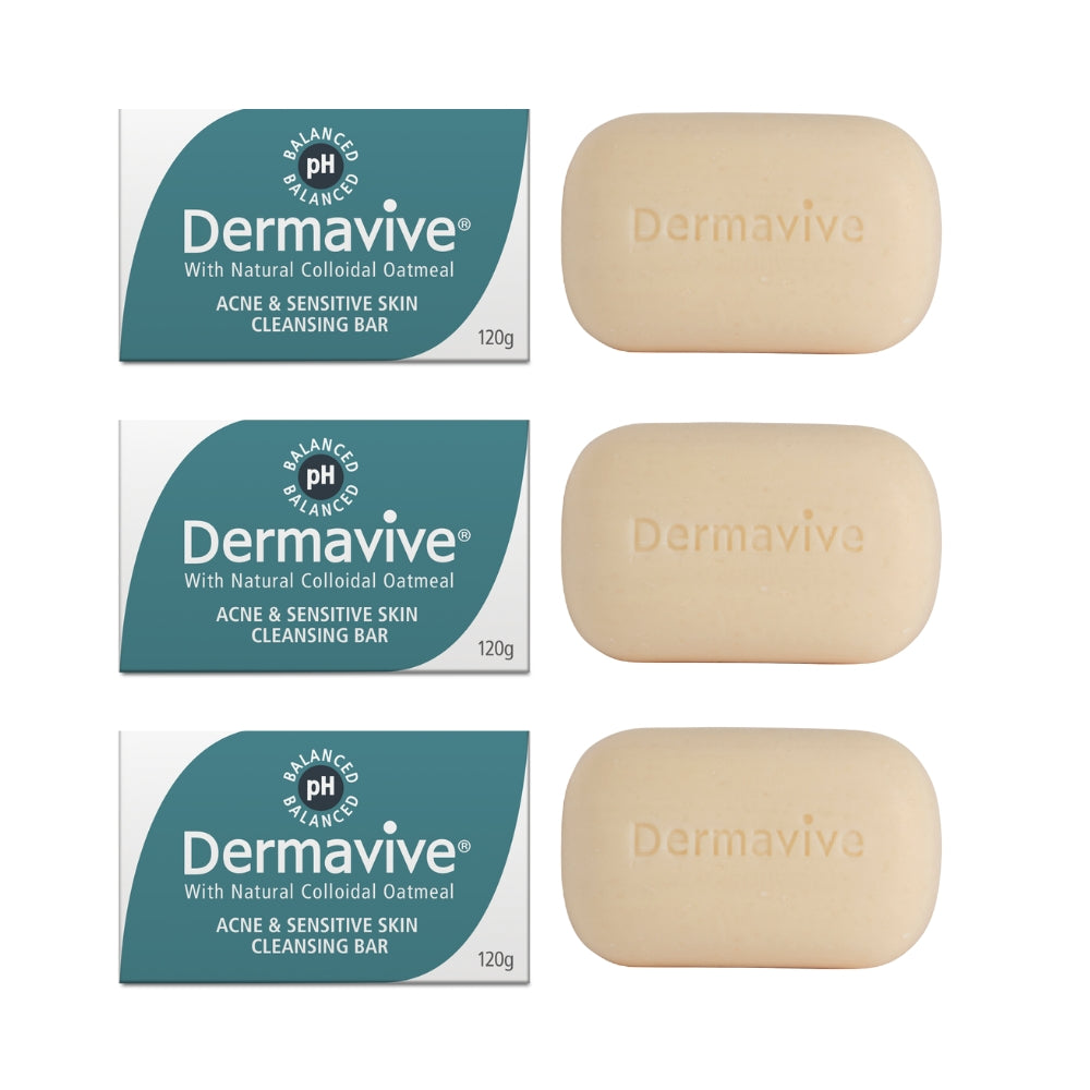 Dermavive Acne & Sensitive Skin Soap-Free Cleansing Bar - 120g x 3
