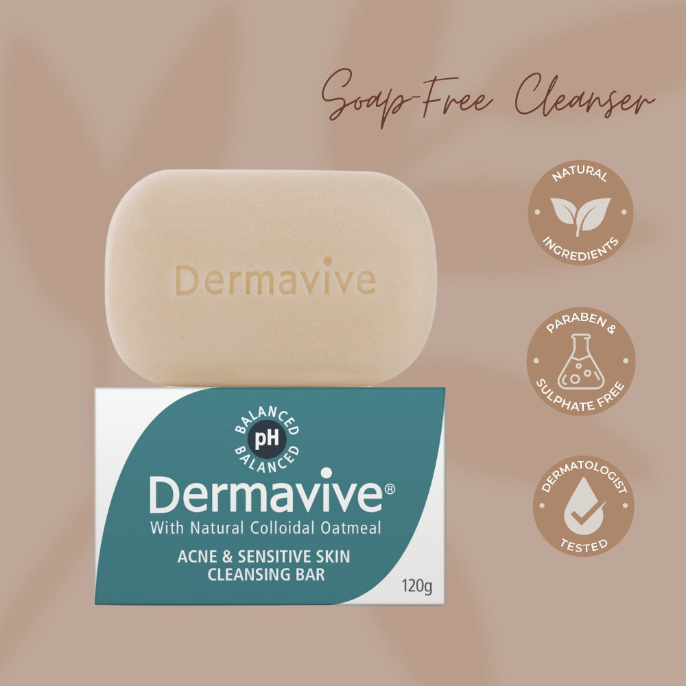 Dermavive Acne & Sensitive Skin Soap-Free Cleansing Bar - 120g x 3