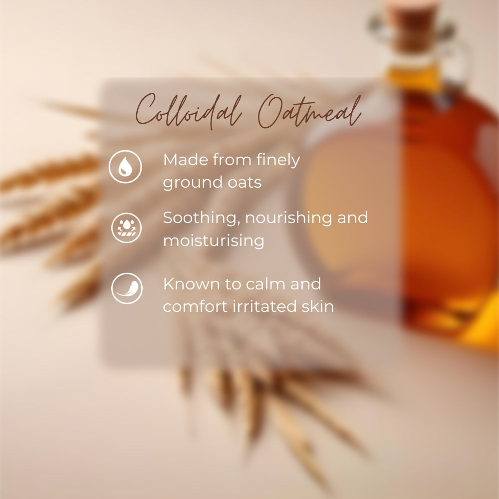 Oatmeal with text about its properties on a blurred background